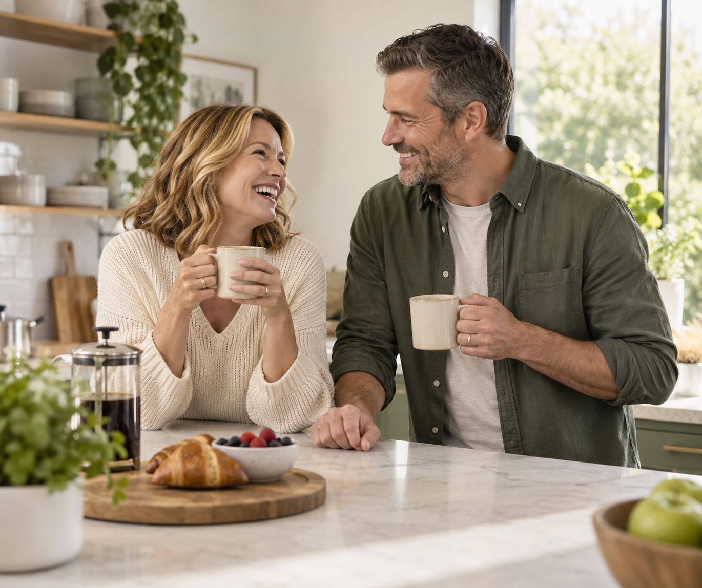 Mature couple laughing together over coffee in the morning