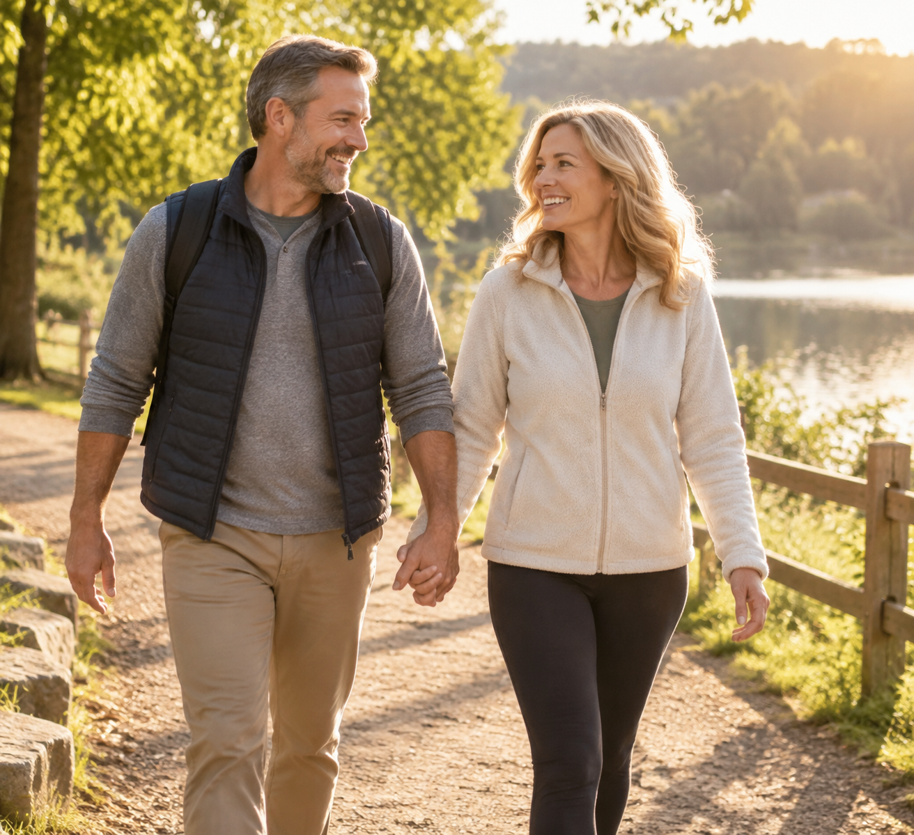 Mature couple walking outdoors and holding hands