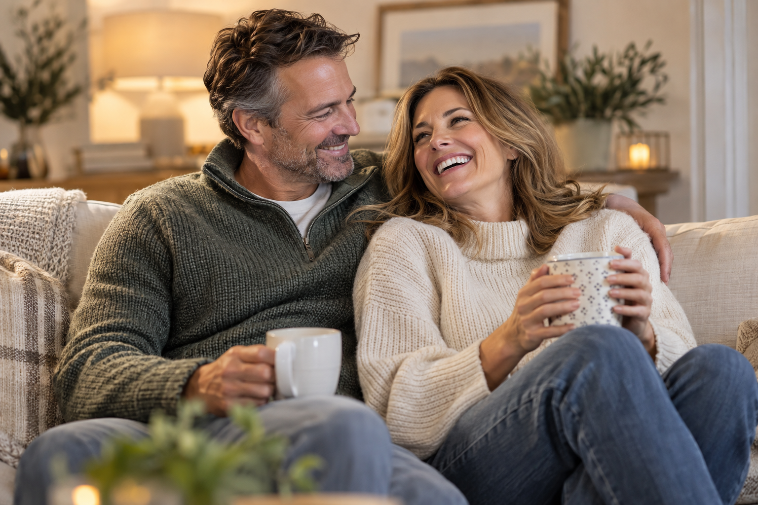 Mature couple relaxing together at home on the couch