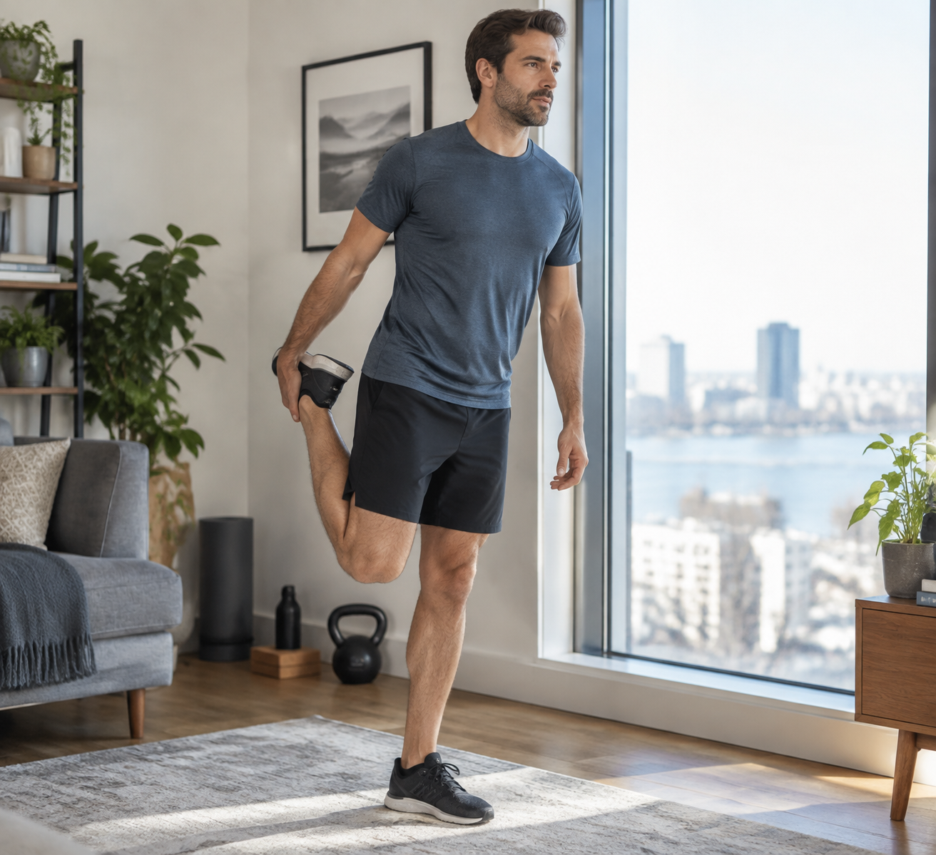 Man doing light fitness stretching at home