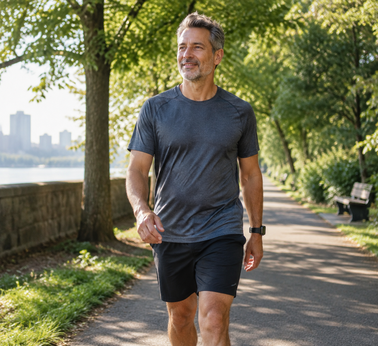 Man walking outdoors on a tree-lined path